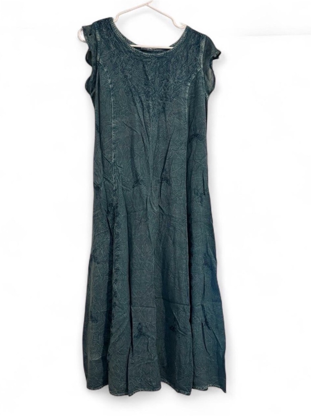 Blue Boho Embroidered Midi Dress Flowy Tank Style Sundress